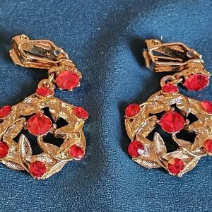 Gold-Tone Red Crystal Floral Clip-On Earrings